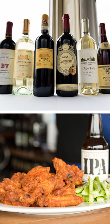 Carluccis's Wine Selection, Wings & an IPA beer bottle