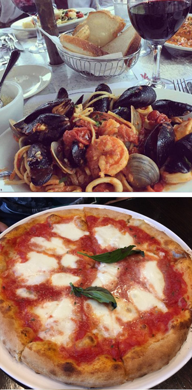 PIZZA MARGHERITA Traditional Italian Pie, With Fresh Imported Mozzarella cheese, tomato sauce,olive oil and basil & LINGUINE SCOGLIO Shrimp, mussels, and clams sauteed in garlic and oil with a white wine and cherry tomatoes served over linguine 